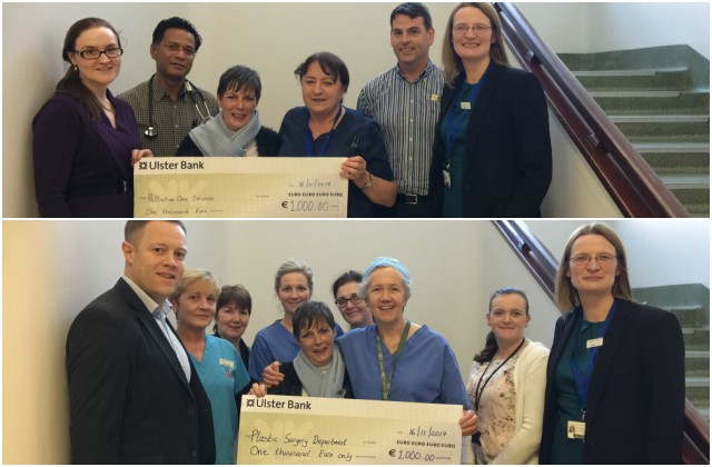 Ms. Madeline Carthy, Strokestown, County Roscommon recently presented a cheque in memory of her late brother, Mr. John Treacy, RIP to both the Plastic Surgery Department and Pallative Care Services at Roscommon University Hospital. Ms Carthy made a donation of €2000 in recognition of the support and care her late brother John received during his time in Roscommon University Hospital. Mary Garvey, General Manager, Roscommon University Hospital expressed her gratitude and appreciation to Ms Carthy for the generosity she has shown in support of Roscommon University Hospital. Photo 2 – Plastic Surgery Department - Back Row L-R: Brian McCormack, Management Accountant; Bernie McTague, Staff Nurse; Carmel Caslin, Patient Services; Amanda O'Halloran, RANP; Bernie Finneran, Staff Nurse; Orla Geraghty, Clerical Officer; Mary Garvey, General Manager. Front Row L-R: Madeline Carthy; Ms. Deirdre Jones, Consultant Plastic Surgeon Photo 1 - Pallative Care Services - Maresa Lannon, HR & Medical Manpower Manager; Dr. Ms. Madeline Carthy, Strokestown, County Roscommon recently presented a cheque in memory of her late brother, Mr. John Treacy, RIP to both the Plastic Surgery Department and Pallative Care Services at Roscommon University Hospital. Ms Carthy made a donation of €2000 in recognition of the support and care her late brother John received during his time in Roscommon University Hospital. Mary Garvey, General Manager, Roscommon University Hospital expressed her gratitude and appreciation to Ms Carthy for the